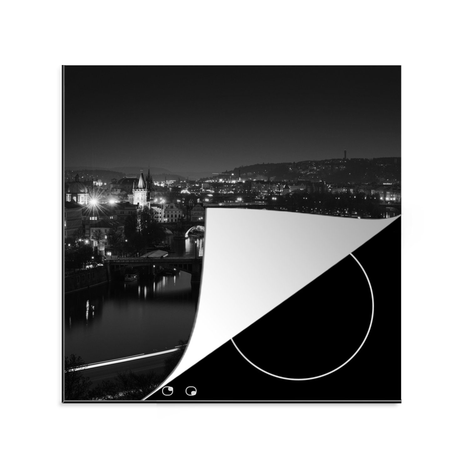 MuchoWow Herdblende-/Abdeckplatte Prag - tlg), - Arbeitsplatte für Nacht Schwarz cm, 78x78 Vinyl, Weiß, - Ceranfeldabdeckung, (1 küche