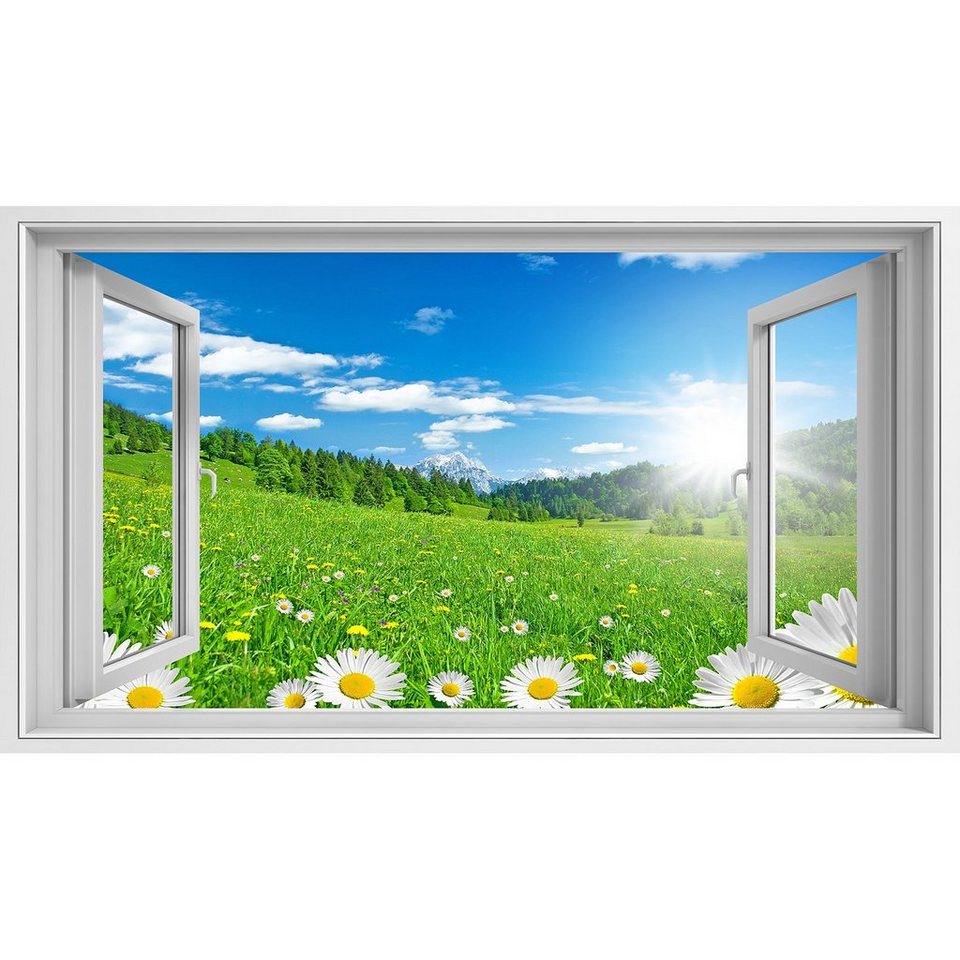 islandburner Leinwandbild Fensterblick Frühling in den Alpen mit Blumen und  Himmel Sagenhafter E