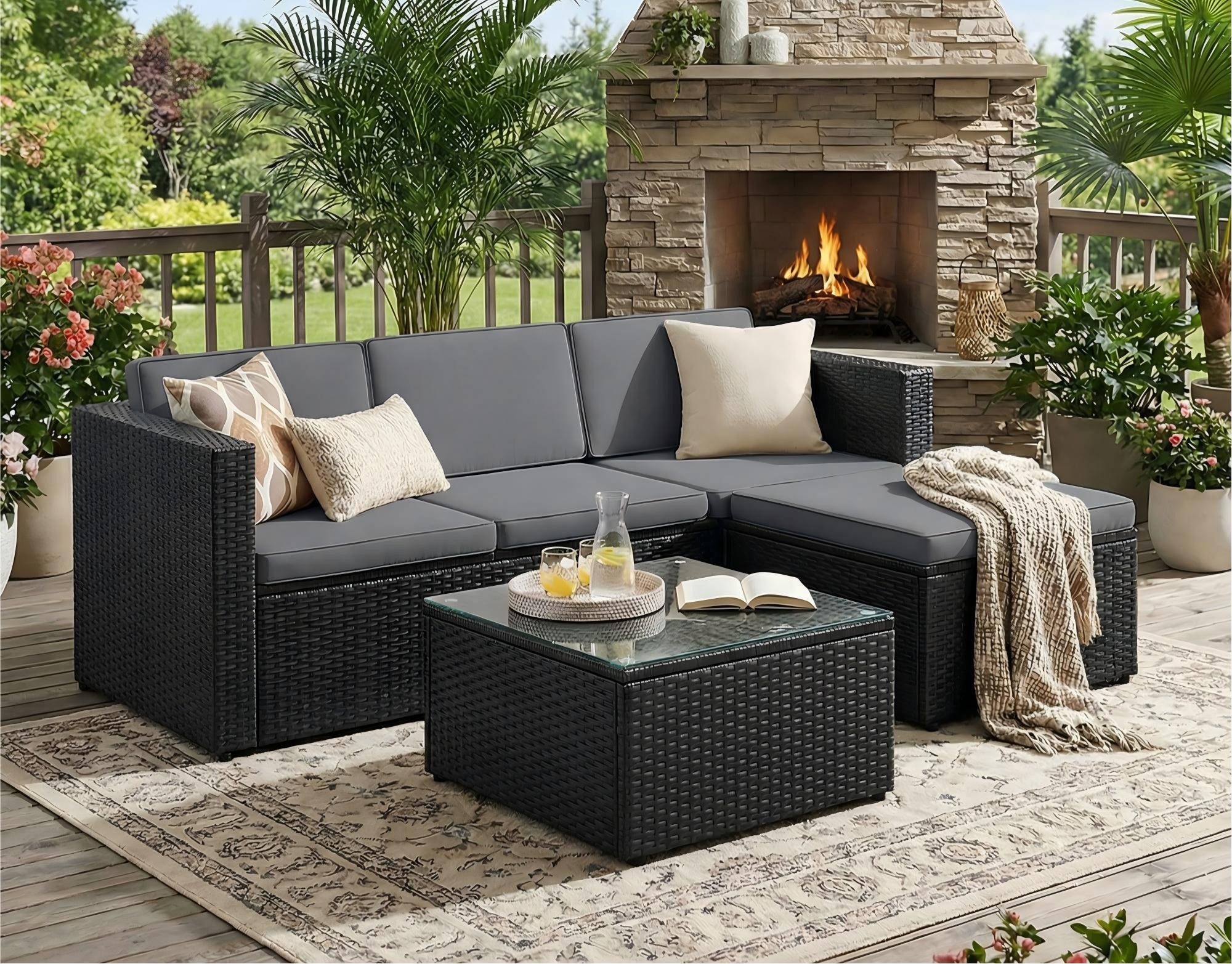 SONGMICS Gartenlounge-Set, (5-tlg., 1 Ecksofa, 1 Hocker, 1 Couchtisch, 7 Kissen), Gartenmöbel Set, Balkonmöbel, handgeflochtenes Rattan