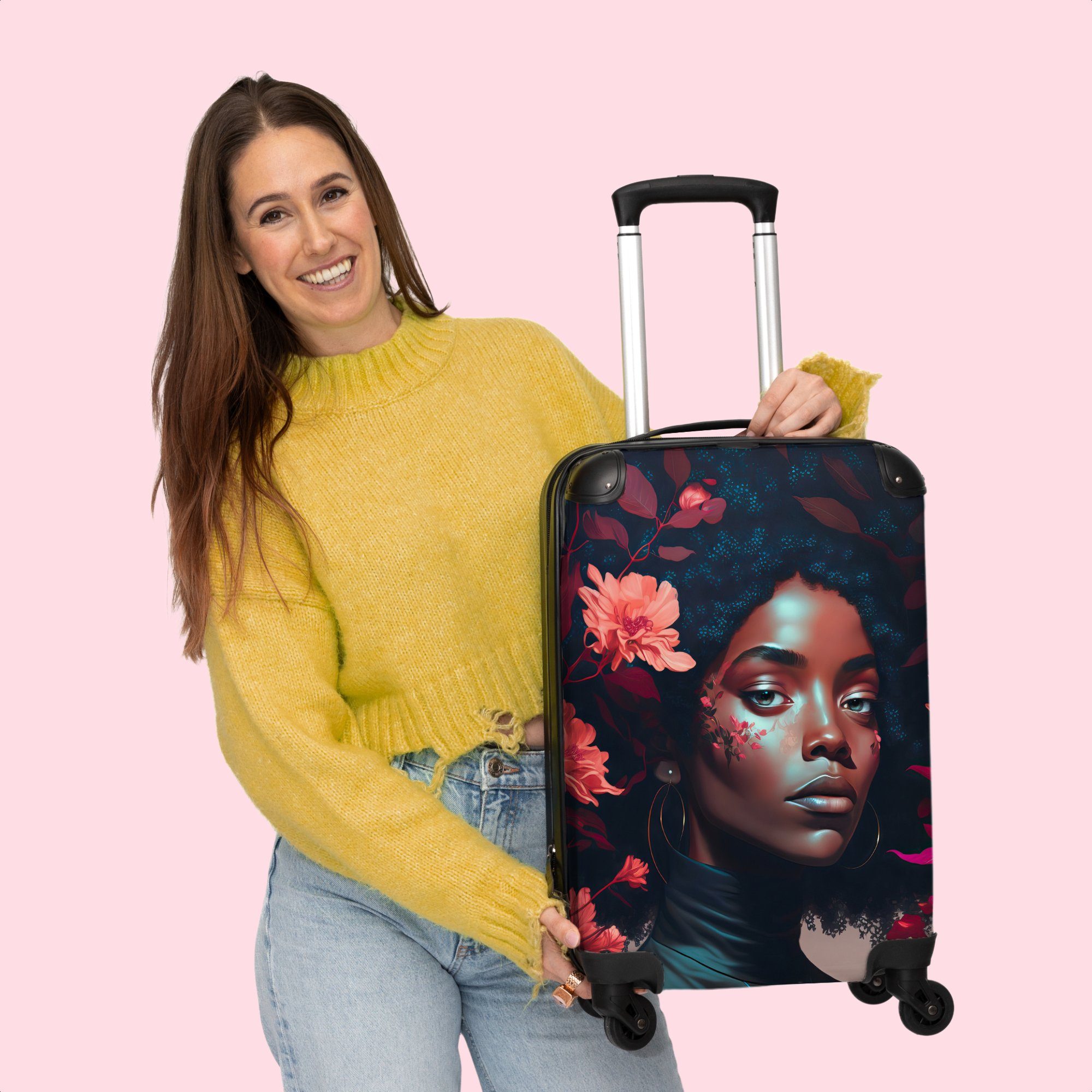 NoBoringSuitcases.com© Handgepäckkoffer 55x35x20cm Rollkoffer 4 Kleine - Rollen, - Frau Reisekoffer - Blumen - Porträt mit Cabin Trolley 4 Handgepäck Rollen Illustration