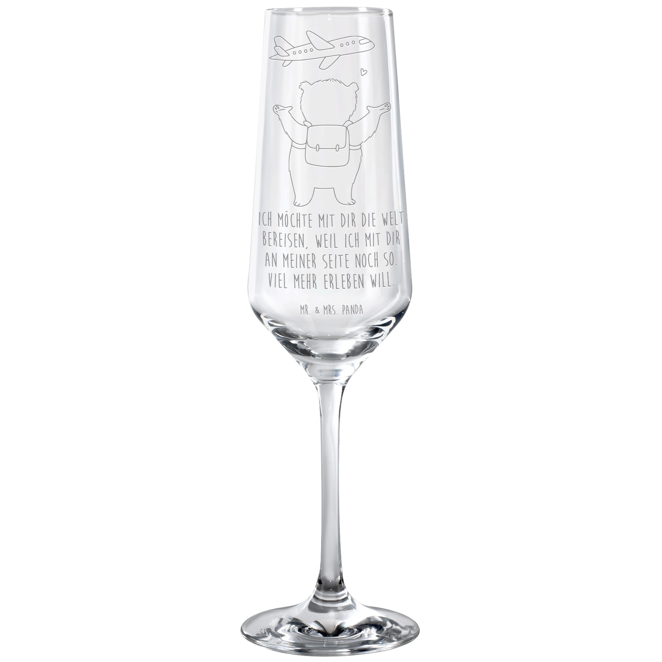 Mr. & Mrs. Panda Sektglas Bär Flugzeug, Glas, Transparent, Valentinstag, Geschenk für Freundin, Premium Glas, Sektglas mit Gravur Geschenk für Freundin Mitbringsel