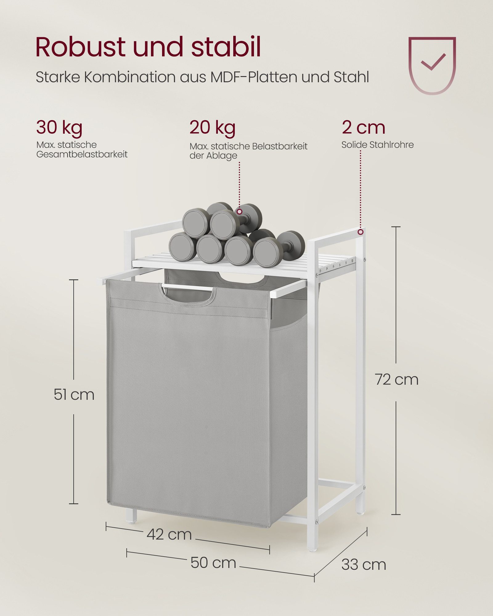 VASAGLE Wäschekorb Wäschesammler mit Ablage, Wäschesack abnehmbar, 65 L, 50 x 33 x 72 cm, Wäschebox, Metallrahmen, taubengrau – Bild 5 von 5