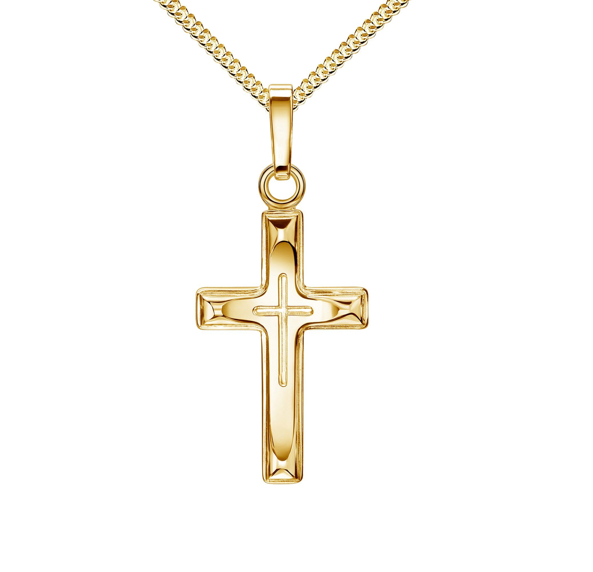 JEVELION Kreuzkette Kreuz in Kreuz Anhänger Taufkreuz 750 Gold - Made in Germany (Goldkreuz, für Damen und Kinder), Mit Halskette vergoldet- Länge wählbar 36 - 70 cm.