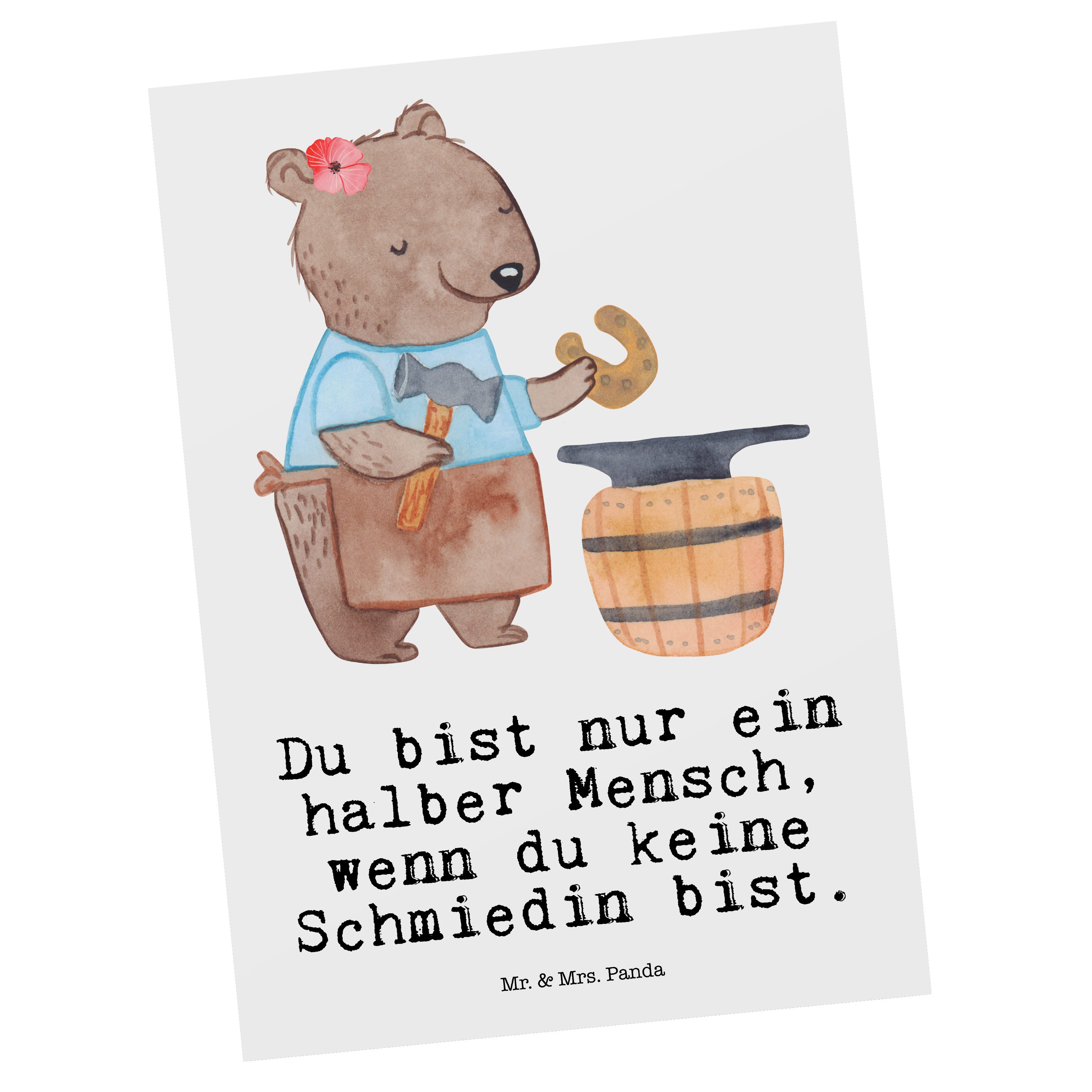 Mr. & Mrs. Panda Postkarte Schmiedin mit Herz - Weiß - Geschenk, Dankeschön, Dankeskarte, Einlad
