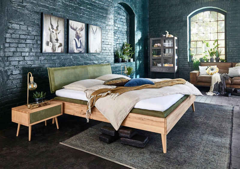 Natur24 Einzelbett Bett Morso 160x200 Wildeiche Bianco Lederkopfteil Olivgrün Holzbeine