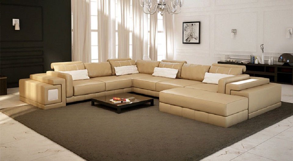 JVmoebel Ecksofa, Ledersofa U-Form Couch Wohnlandschaft Ecksofa Design Modern Sofa Creme