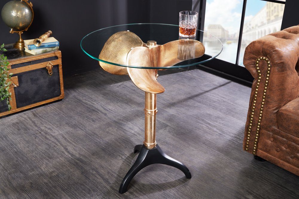 riess-ambiente Beistelltisch rund · OCEAN Wohnzimmer Metall · / gold · Schiffsschraube schwarz (Einzelartikel, Glas 1-St), Maritim 75cm · · transparent 