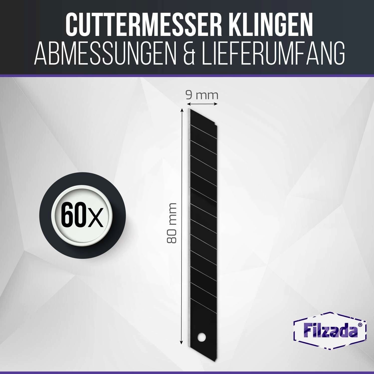 Filzada Cuttermesser 60x Cuttermesser Klingen Carbonstahl Cutterklingen Abbrechklingen 9mm