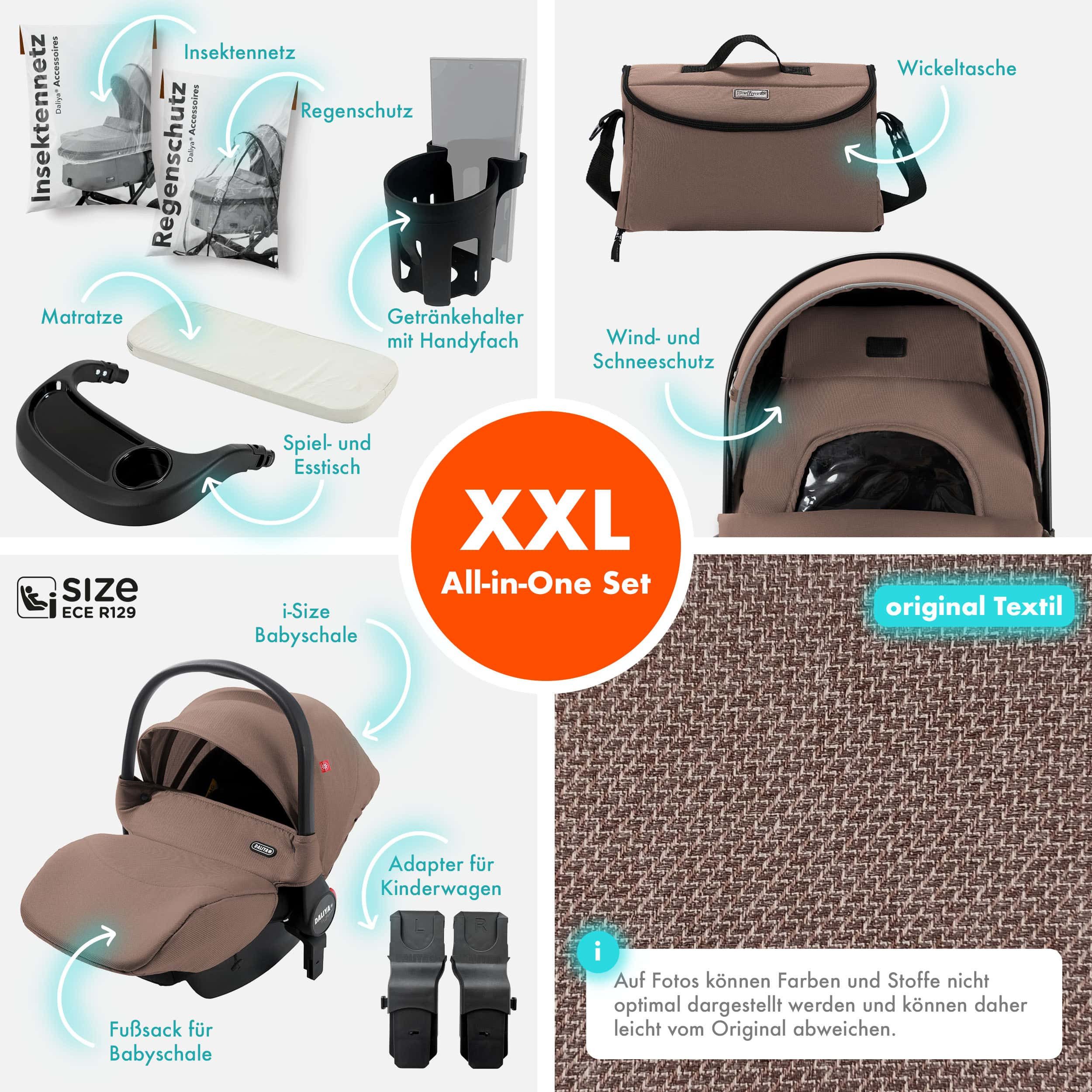 Daliya® Kombi-Kinderwagen FLEXI-PRO M 3in1 Kinderwagen & Buggy, Reisekinderwagen, XXL Set, (XXL-Set mit i-Size Babyschale, 13-tlg), Einhändig abnehmbare Wanne, i-Size Babyschale, Alu-Rahmen, Gummireifen