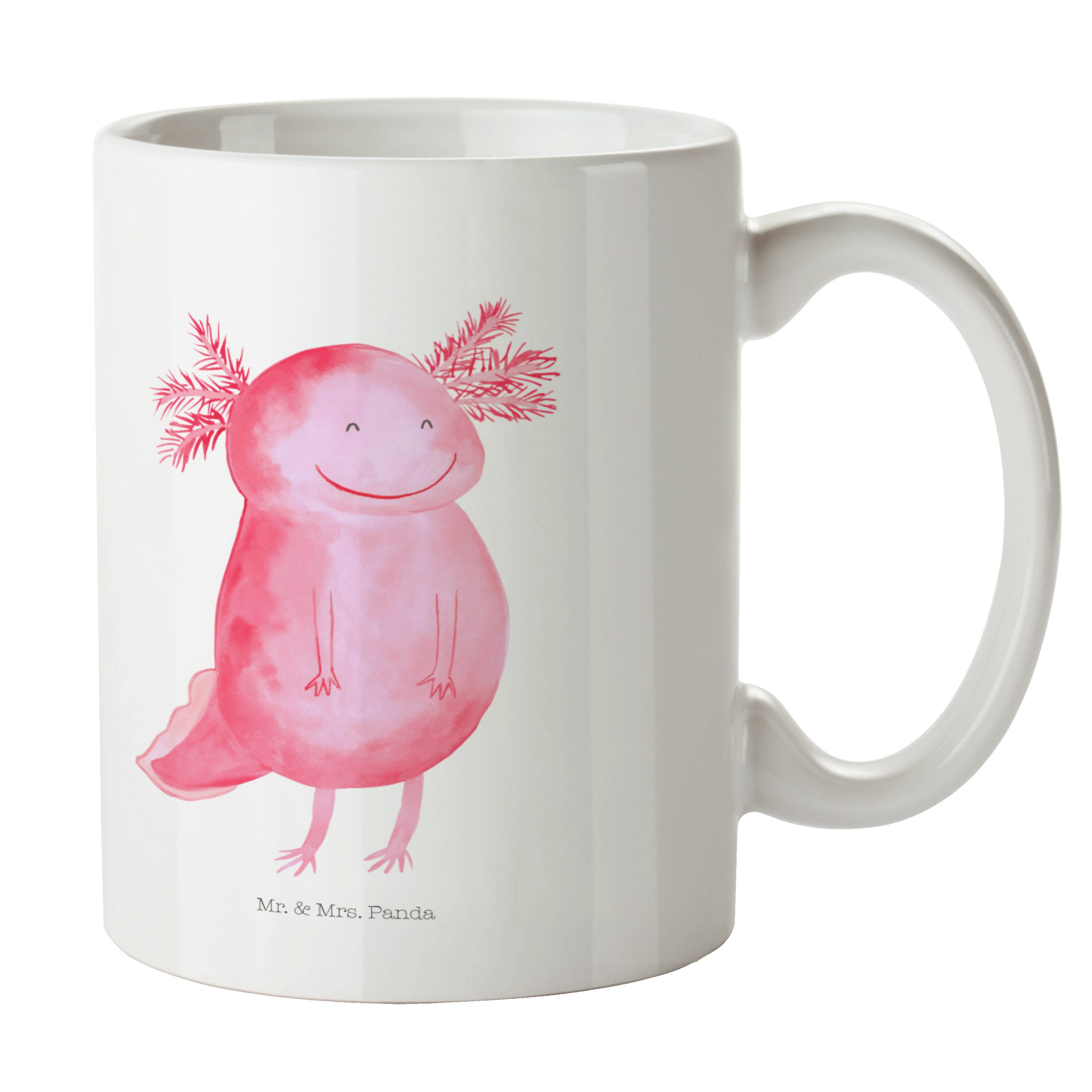 Geschenk, Mr. Panda - Keramik Keramiktass, - Tasse, Lurch, & Molch, Mrs. Tasse Axolotl glücklich Weiß
