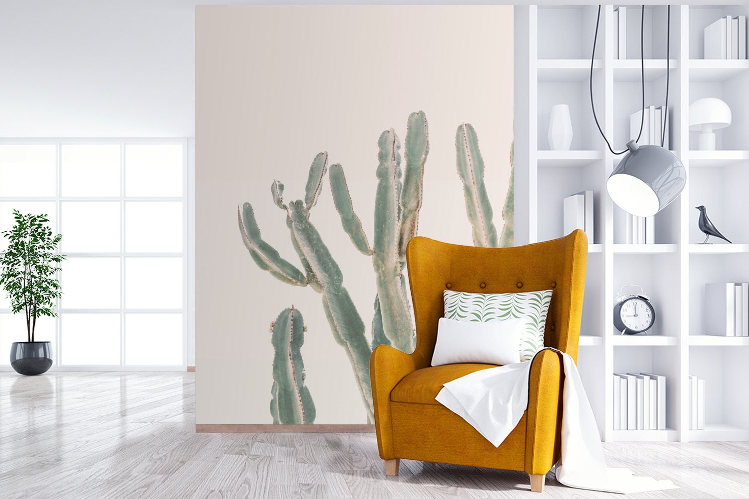 MuchoWow Fototapete Kaktus - (4 Wohnzimmer, - - Pflanze bedruckt, Matt, Tapete Natur, Wandtapete Grün Montagefertig St), für Vinyl