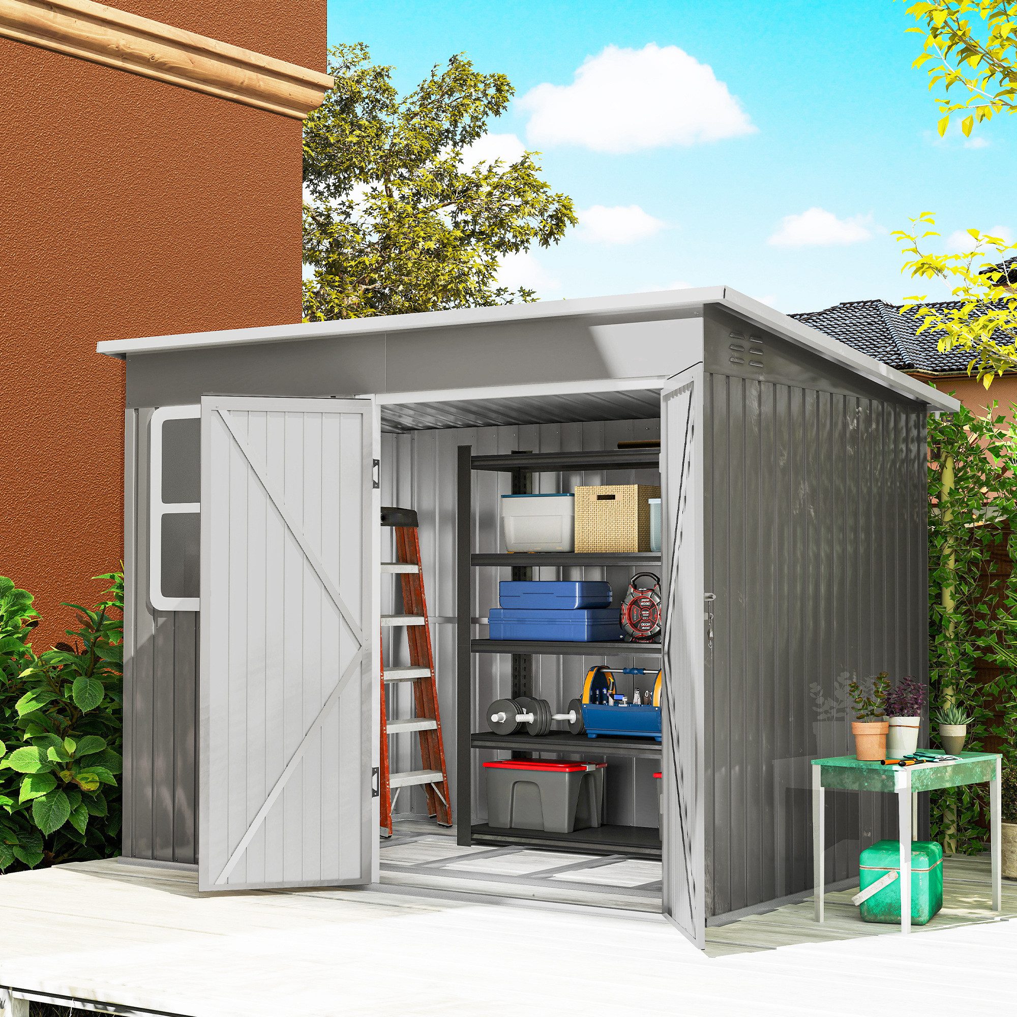 Outsunny Gerätehaus Metall 4,13 m² Geräteschuppen mit Fenster Pultdach, BxT: 260x177 cm, (4,13 m² Geräteschuppen, 2 St., wetterfest Gartenhaus), witterungsbeständig, abschließbar