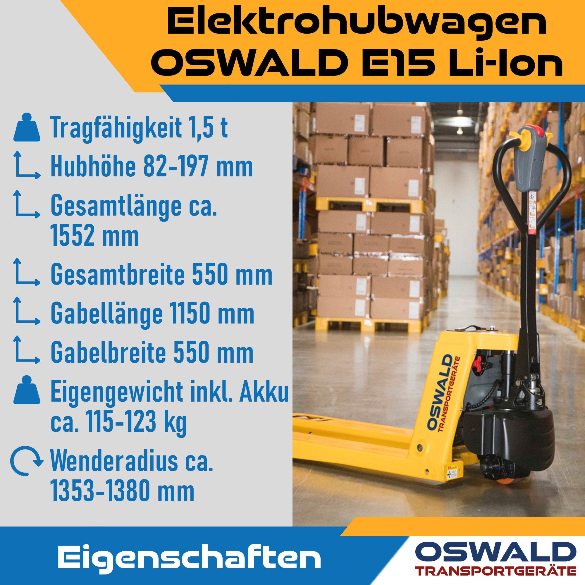 OSWALD Transportgeräte Gabelhubwagen Elektrohubwagen OSWALD E15 Li-Ion 1500 kg 1150 mm Hubwagen elektrisch – Bild 4 von 5