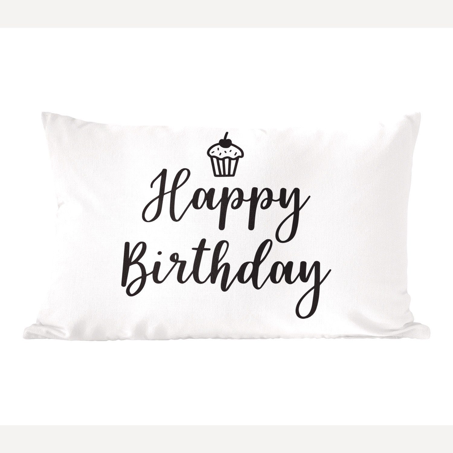 einem weißen mit Wohzimmer Dekoration, Dekokissen Zierkissen, MuchoWow Schlafzimmer mit Birthday" Dekokissen Cupcake Hintergrund, "Happy auf Füllung, dem Zitat