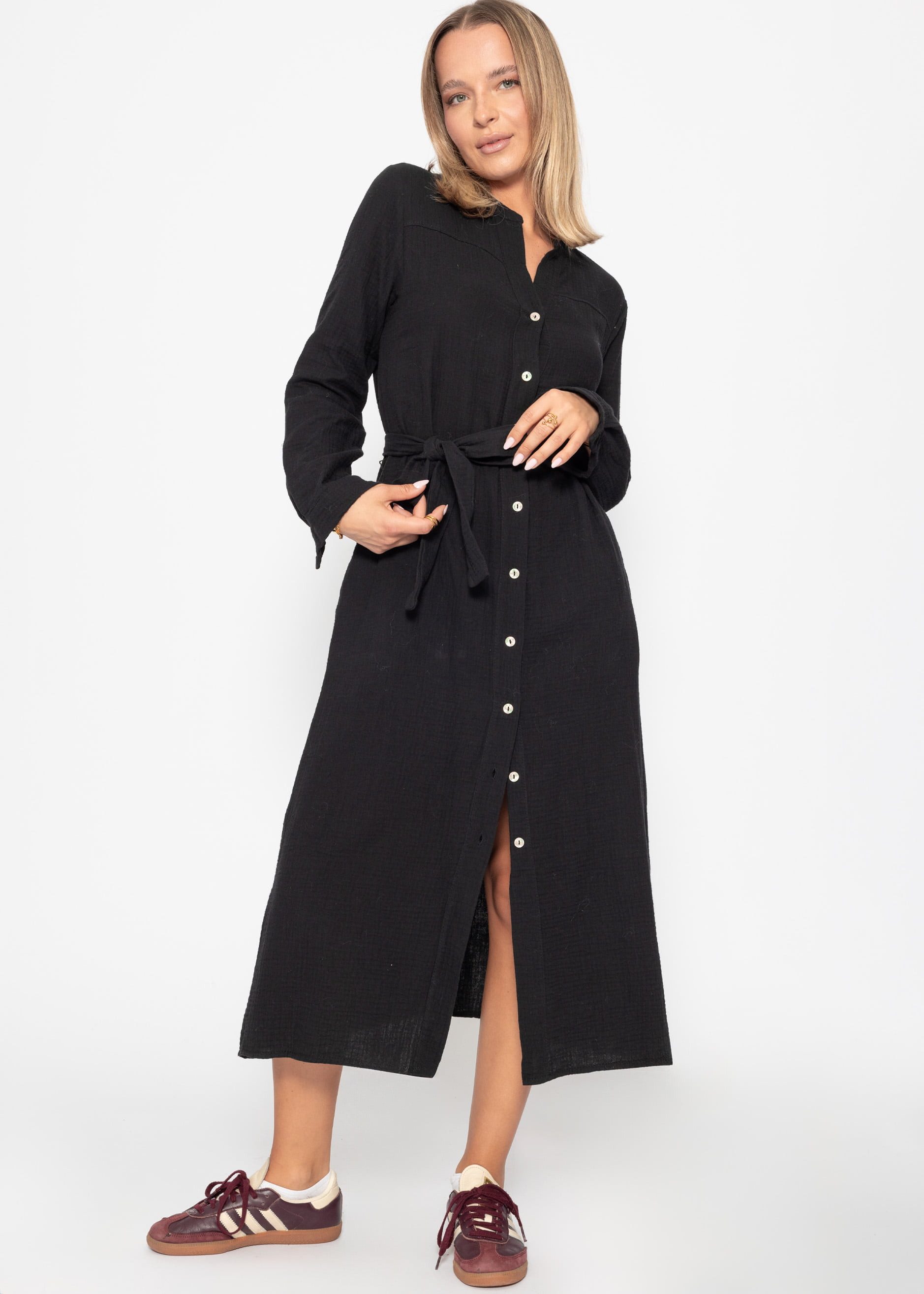 SASSYCLASSY Minikleid Maxi Musselin Blusenkleid Damen mit V-Ausschnitt Lockeres langärmeliges Kleid elegant mit Perlmuttknöpfe und Bindeband