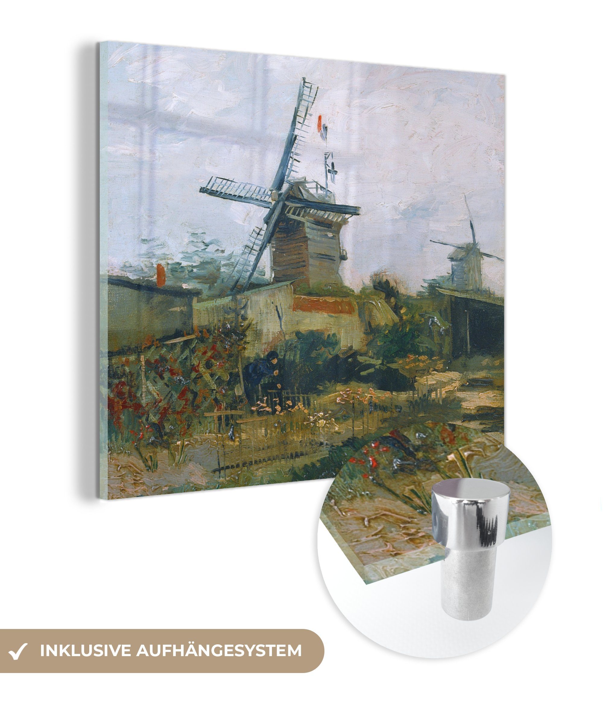 MuchoWow Acrylglasbild Windmühlen auf dem Montmartre - Gemälde von Vincent van Gogh, (1 St), Glasbilder - Bilder auf Glas Wandbild - Foto auf Glas - Wanddekoration