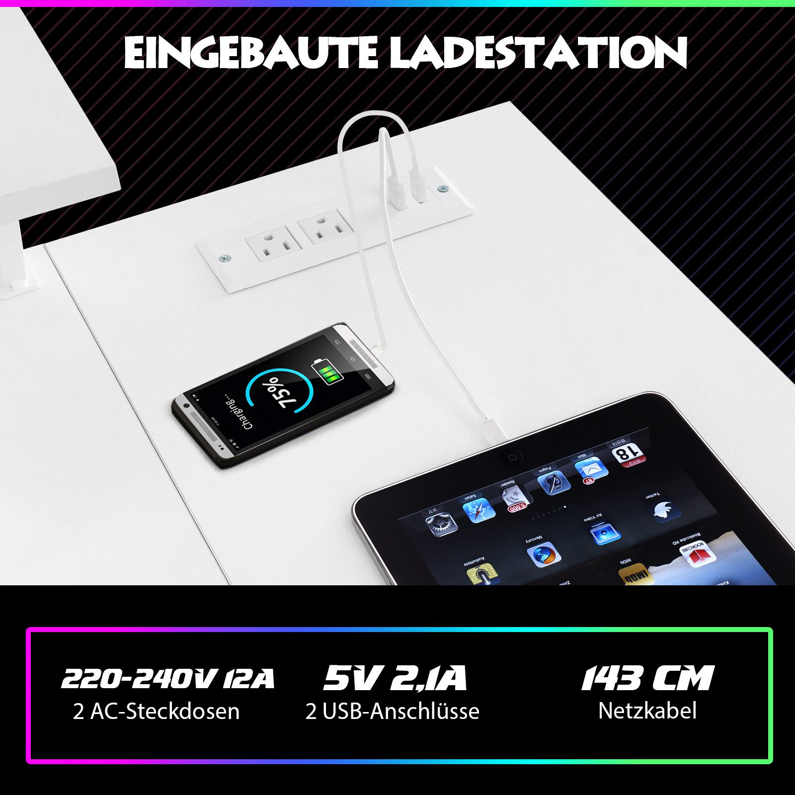 KOMFOTTEU Computertisch, mit Steckdosen & USB-Anschlüssen, 107 x 45 x 93 cm