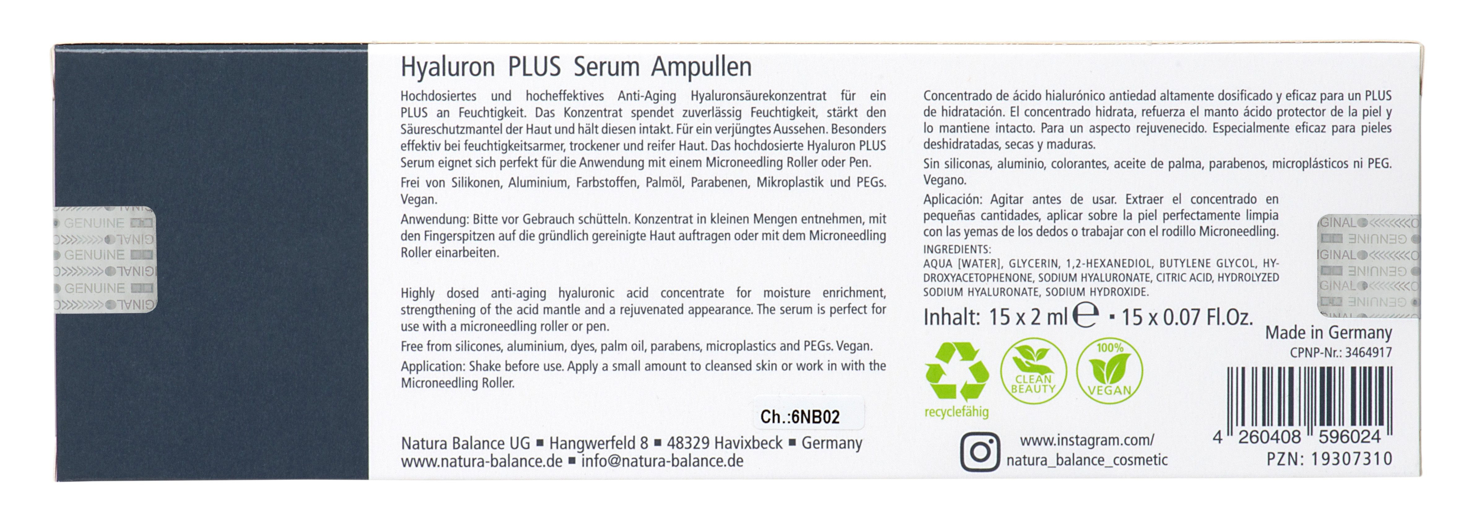 Natura Balance Gesichtspflege Hyaluron PLUS 15 Stück Ampullen a 2 ml Gesicht Hyaluronsäure Falten