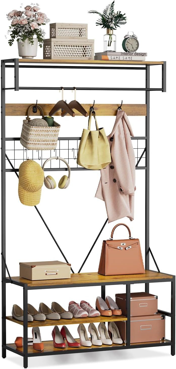 GarveeMore Garderobenständer mit Sitzbank und Schuhablage,5-in-1-Schuhbank mit Kleiderstange, 184cm Kleider- und Schuhablage mit Kleiderstange und 9 Haken, für Flur