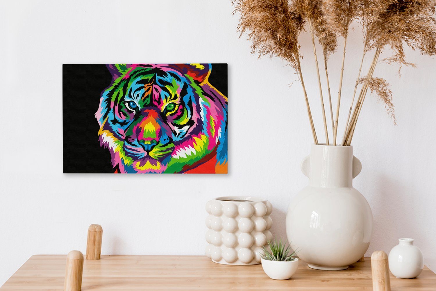 30x20 Leinwandbilder, Kopf cm Aufhängefertig, St), - Tiger OneMillionCanvasses® Regenbogen, - Wandbild Wanddeko, Leinwandbild (1