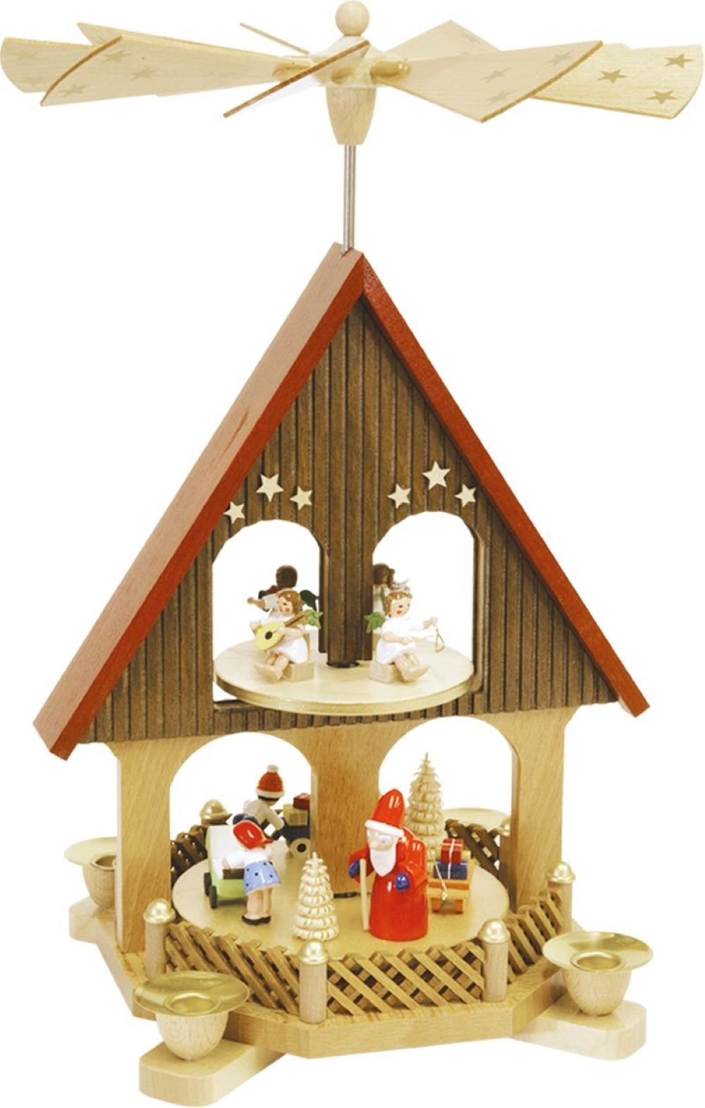 Richard Glaesser Weihnachtspyramide Pyramidenhaus Bescherung bunt 2-stöckig, Höhe 36 cm, Handwerkskunst original Erzgebirge