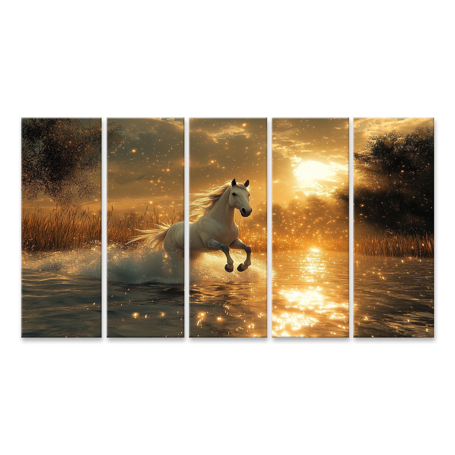 Leinwandbild Weißes Pferd im sonnigen Wasserlauf