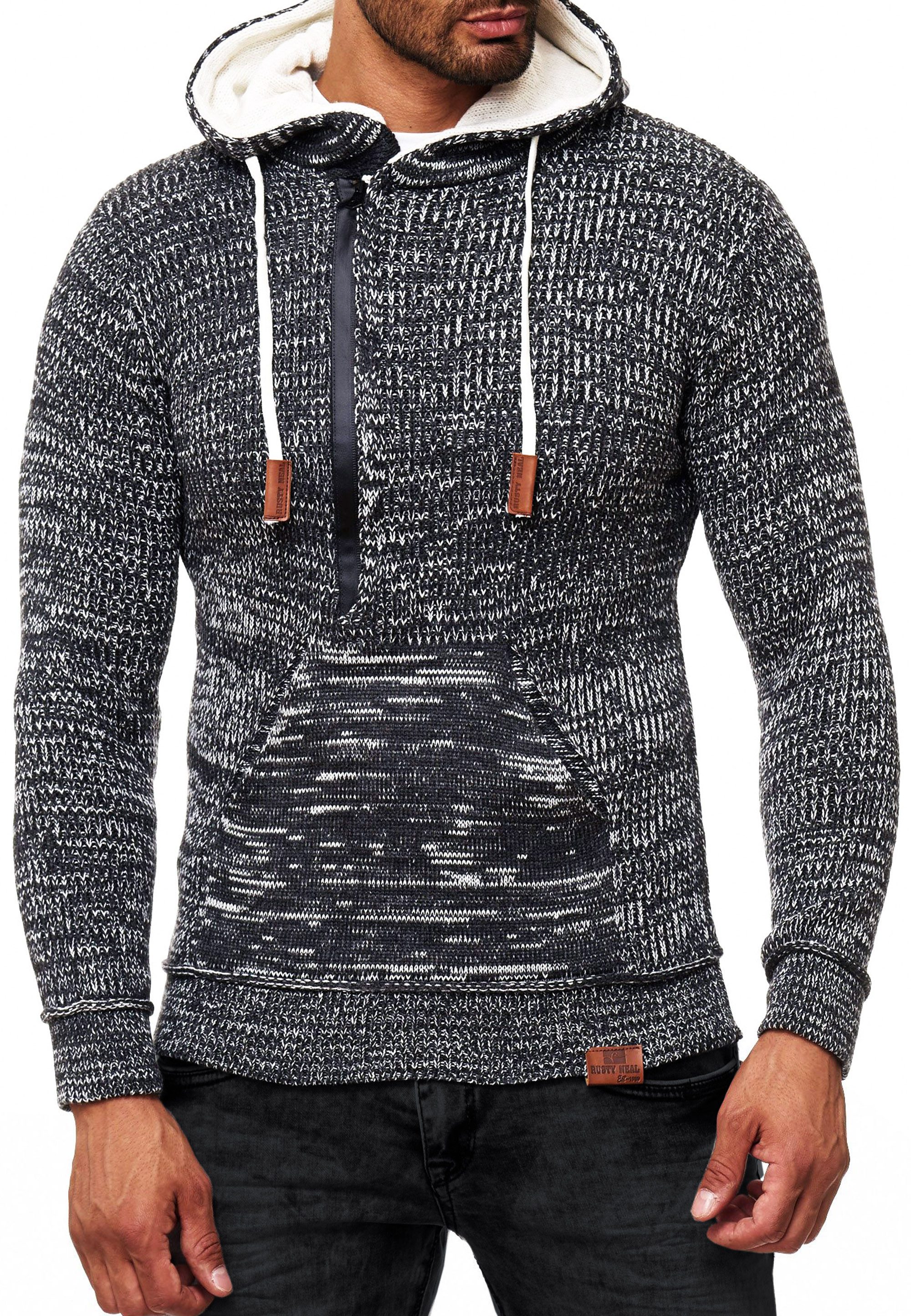 R-NEAL Kapuzenpullover Kapuzenpullover Grobstrick Pullover mit Zipper und Logoschriftzug