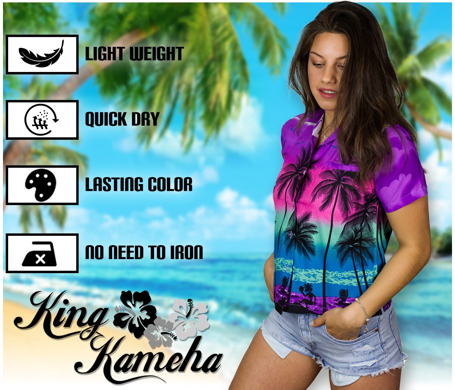 King Kameha Hawaiihemd Beach Funky Hawaiibluse Damen Kurzarm Front-Tasche Stylish