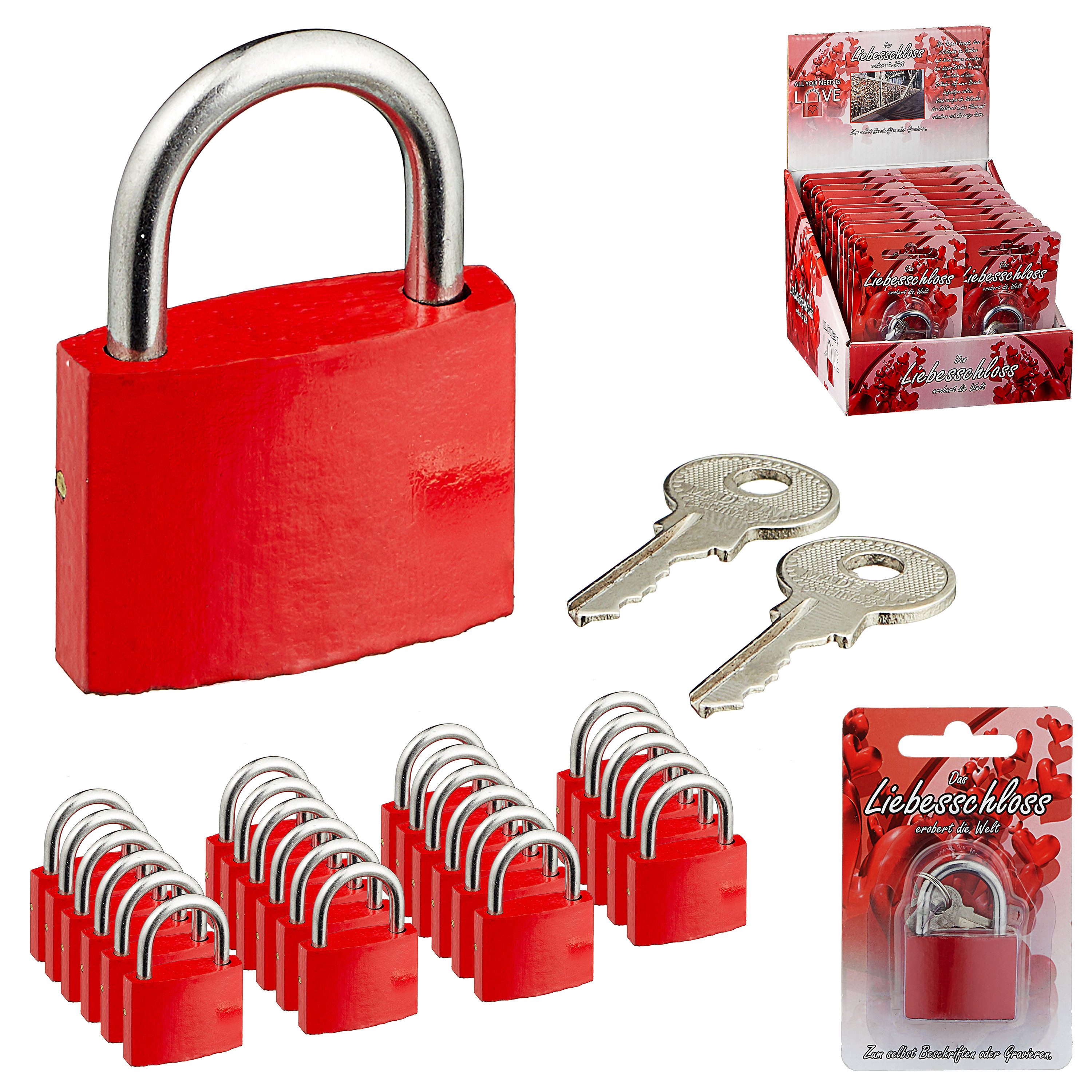 CEPEWA Vorhängeschloss Liebesschloss 24 Stück Display 3,8cm rot Metall 2fach 2 Schlüssel – Bild 5 von 5