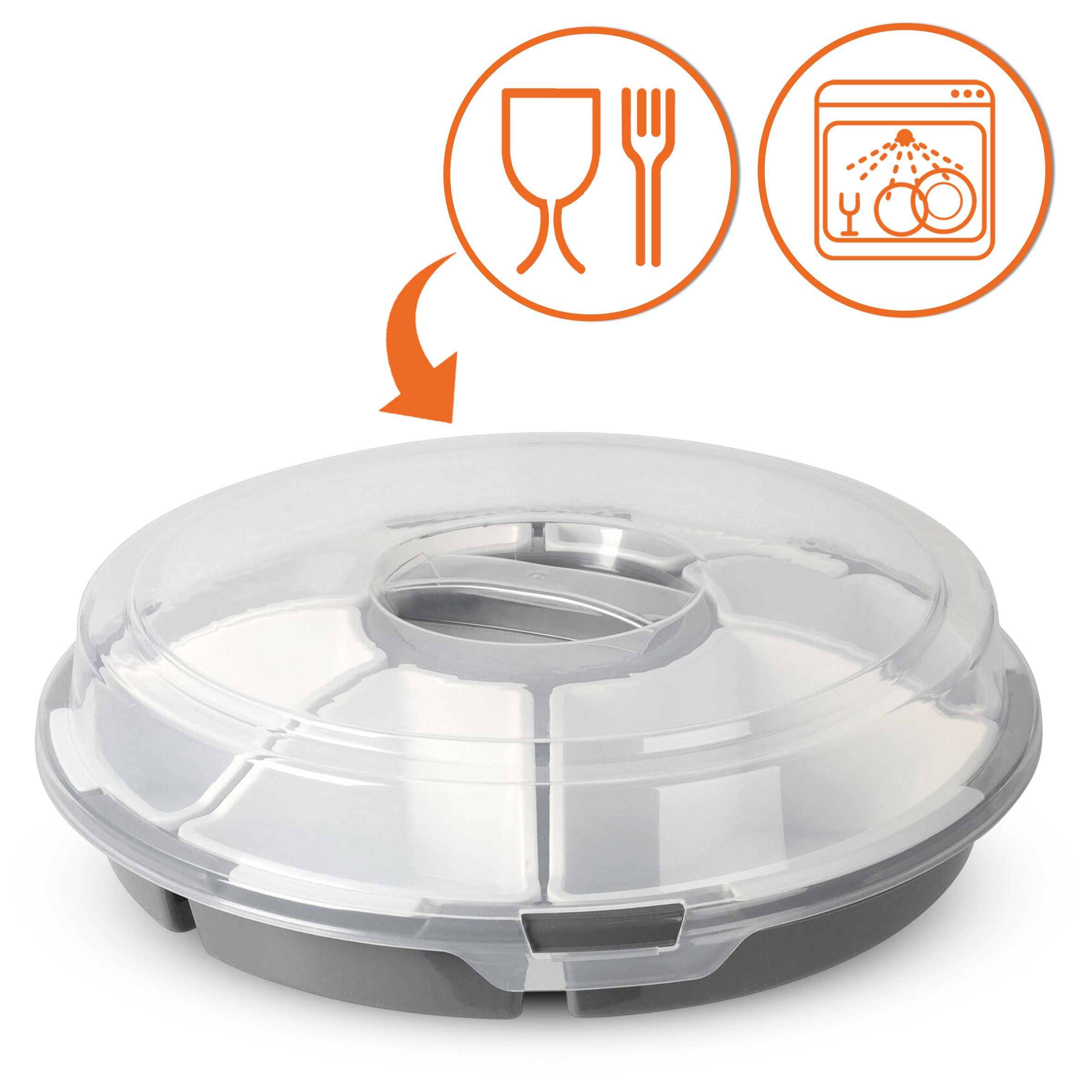 Spetebo Servier-Set Transport Servierset mit 6 Schalen - Ø 33 cm, Kunststoff, (Set, 8-tlg., Servierset -mit 6 Schalen + Deckel), Runde Snack, Dip und Tapas Transport Box mit Deckel