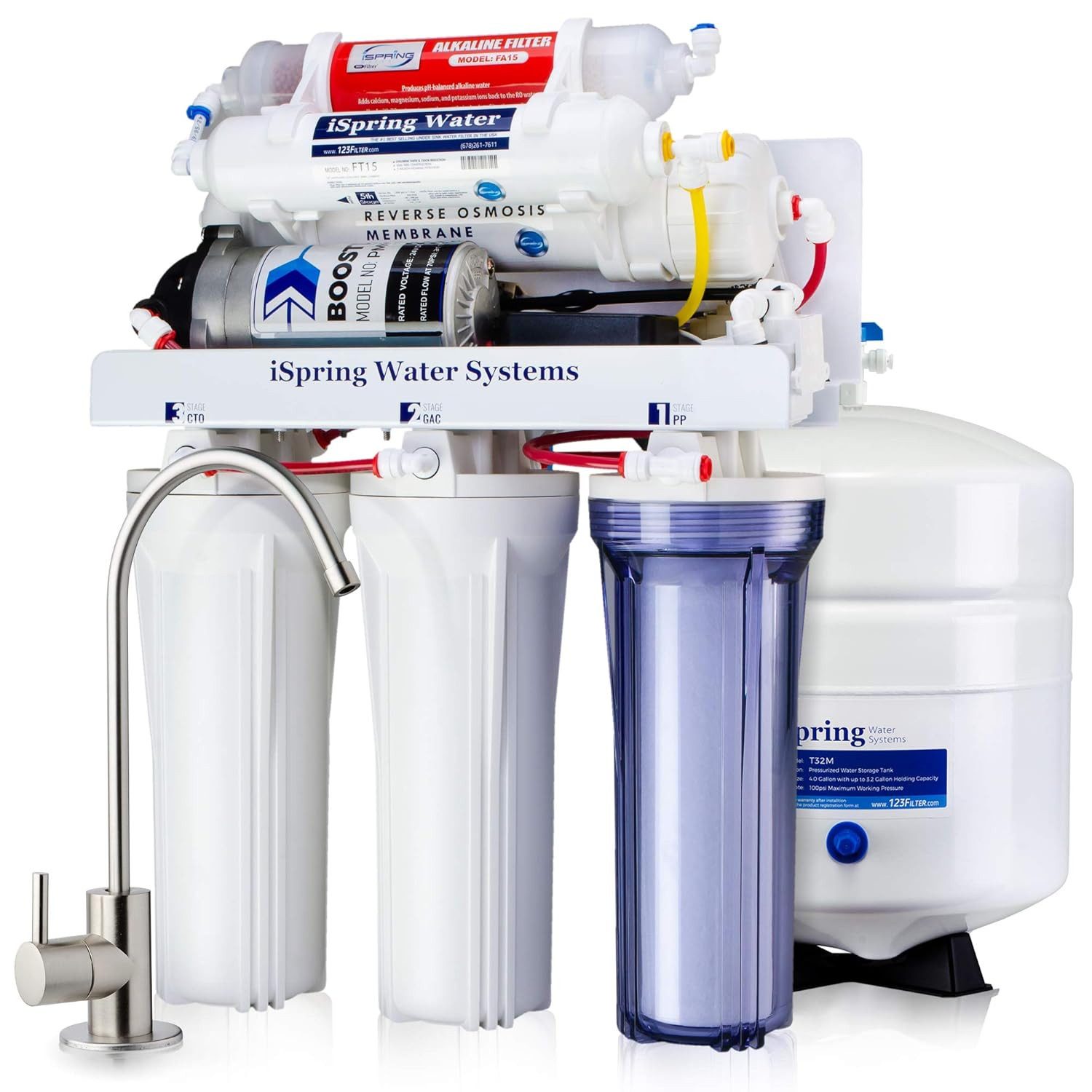 iSpring Wasserfilter RCC7PAK 6-stufiges RO-System mit Alkaline-Filter & Pumpe, 75GPD, WQA-zertifiziert, pH+