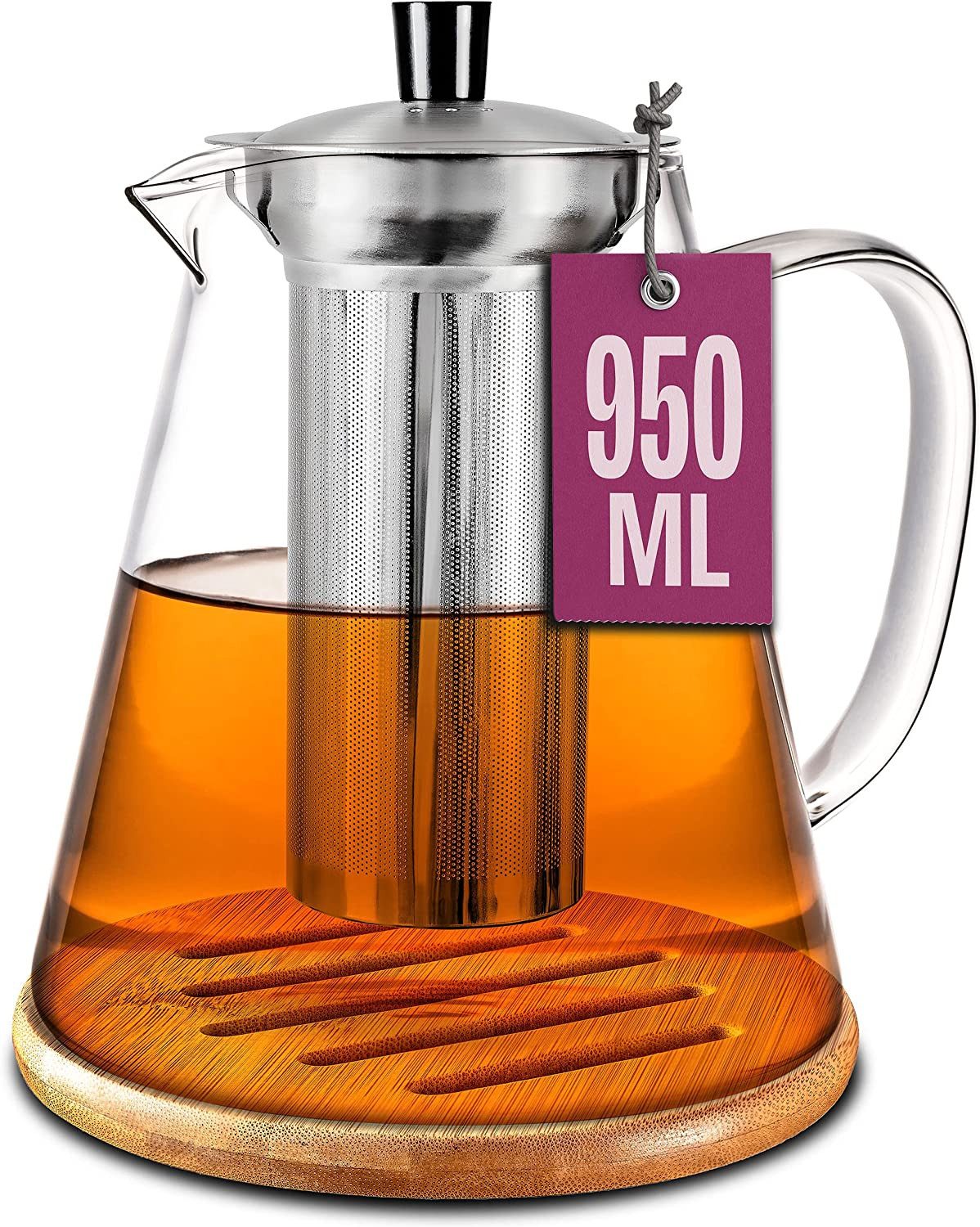 Cosumy Teekanne Teekanne Glas mit Edelstahl Siebeinsatz 950ml - Mit Untersetzer, 0.95 l, (Set, Teekanne mit Siebeinsatz und Untersetzer), mit Siebeinsatz 950ml inkl. Untersetzer - Spülmaschinenfest