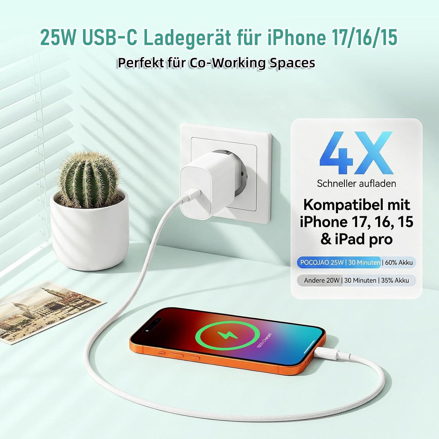 LaCute 25W USB-C Ladegerät mit 1m Kabel für iPad iPhone Schnellladegerät Schnelllade-Gerät (USB-C Ladegerät mit 1 m Ladekabel, 25W USB-C Netzteil inklusive 1 m  – Bild 5 von 5