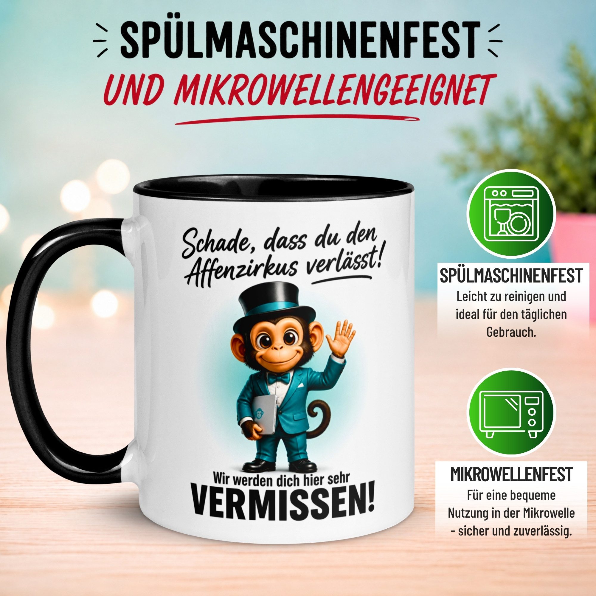 Momentals Tasse Abschiedsgeschenk Kollegen – „Schade dass du den Affenzirkus verlässt“, Gratis Versand · Links-&Rechtshänder · Spülmaschinenfest – Bild 5 von 5
