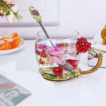 Intirilife Tasse, Borosilikat Glas, Glas Set mit Löffel in Gold - Rot - Lila - Perfektes Geschenk