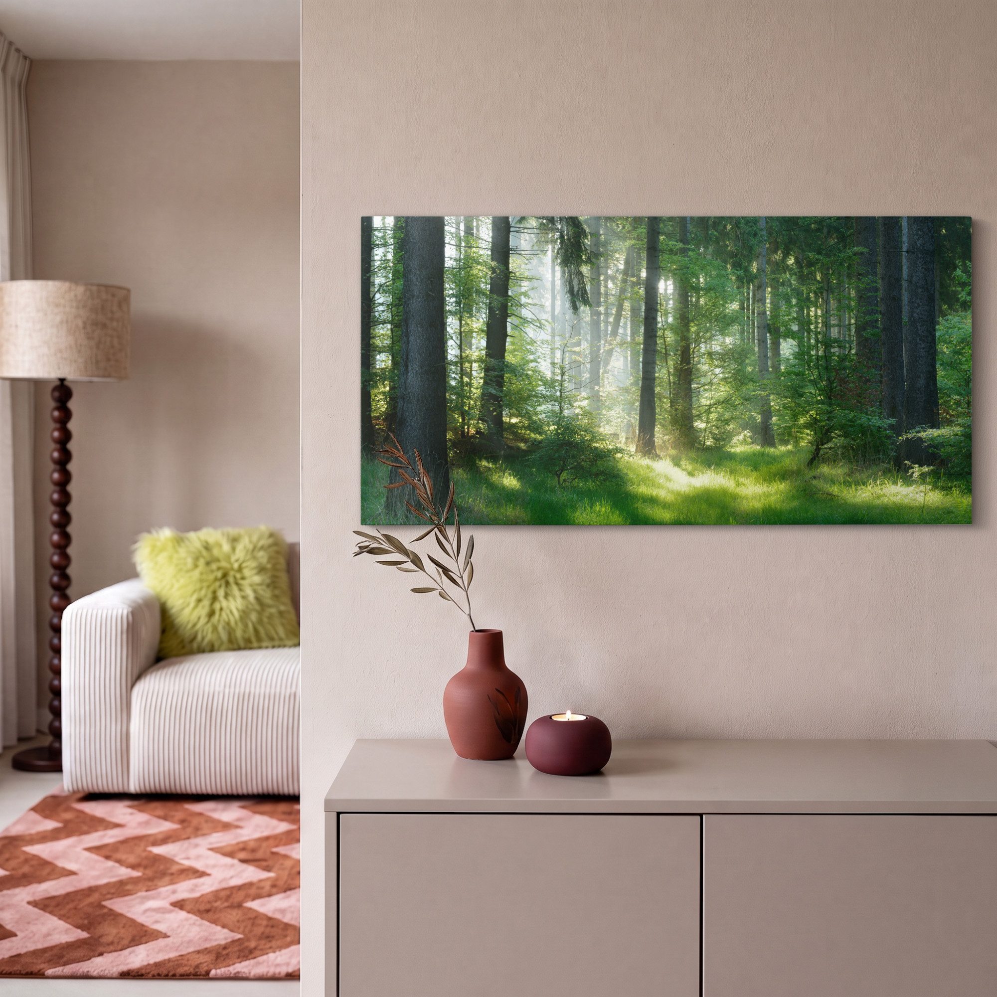 OneMillionCanvasses® Leinwandbild Panorama Natur - Bäume - Wald - Grün - Sonne - Gras - Pflanzen, Fotodruck (1 St), Wandbild, Deko Schlafzimmer Wohnzimmer Flur  – Bild 2 von 5