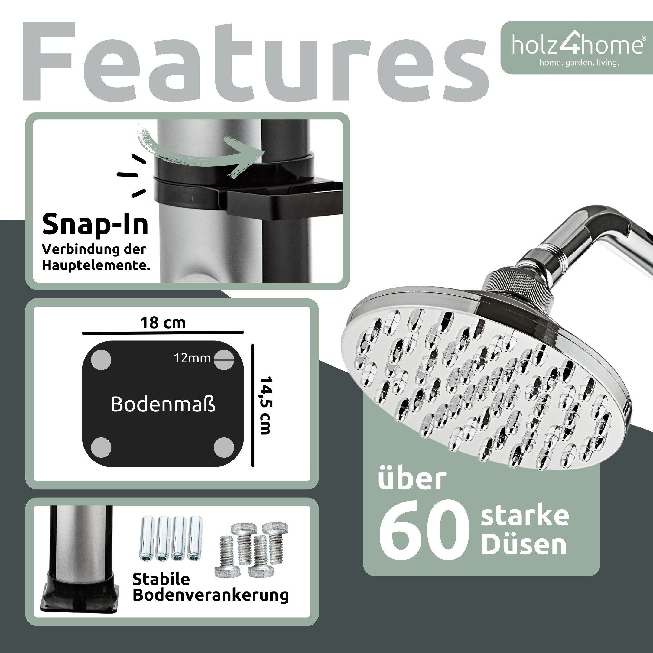 holz4home® Solardusche Gartendusche Aussendusche mit Warmwasser I Pooldusche Saunadusche, Mit Fußdusche und Seifenablage