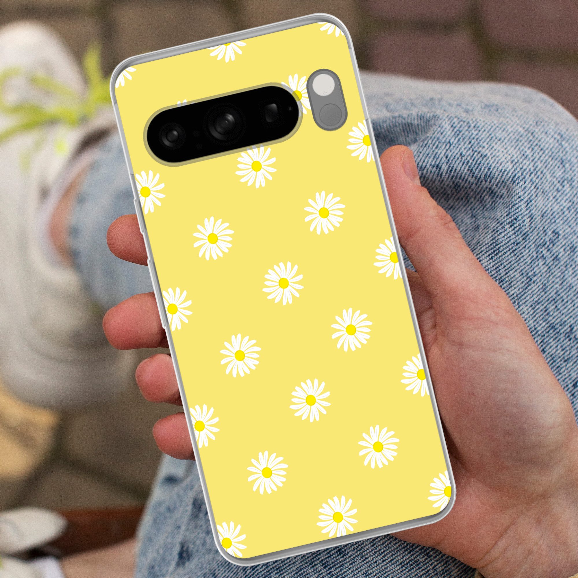 MuchoWow Handyhülle für Google Pixel 8 Pro Gänseblümchen - Pastell - Weiß - Gelb - Blumen, Phone Case, Silikon, Schutzhülle Dünn