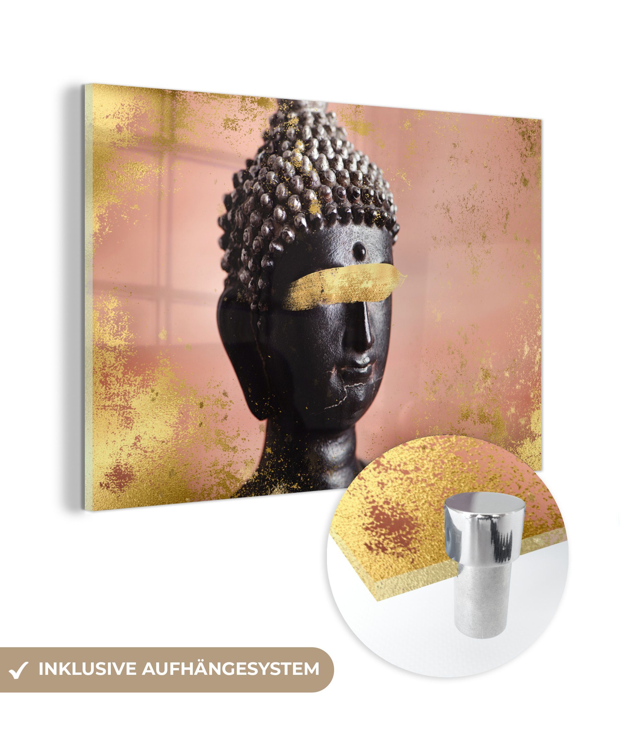 MuchoWow Acrylglasbild Buddha - Schwarz - Rosa, (1 St), Acrylglasbilder Wohnzimmer & Schlafzimmer