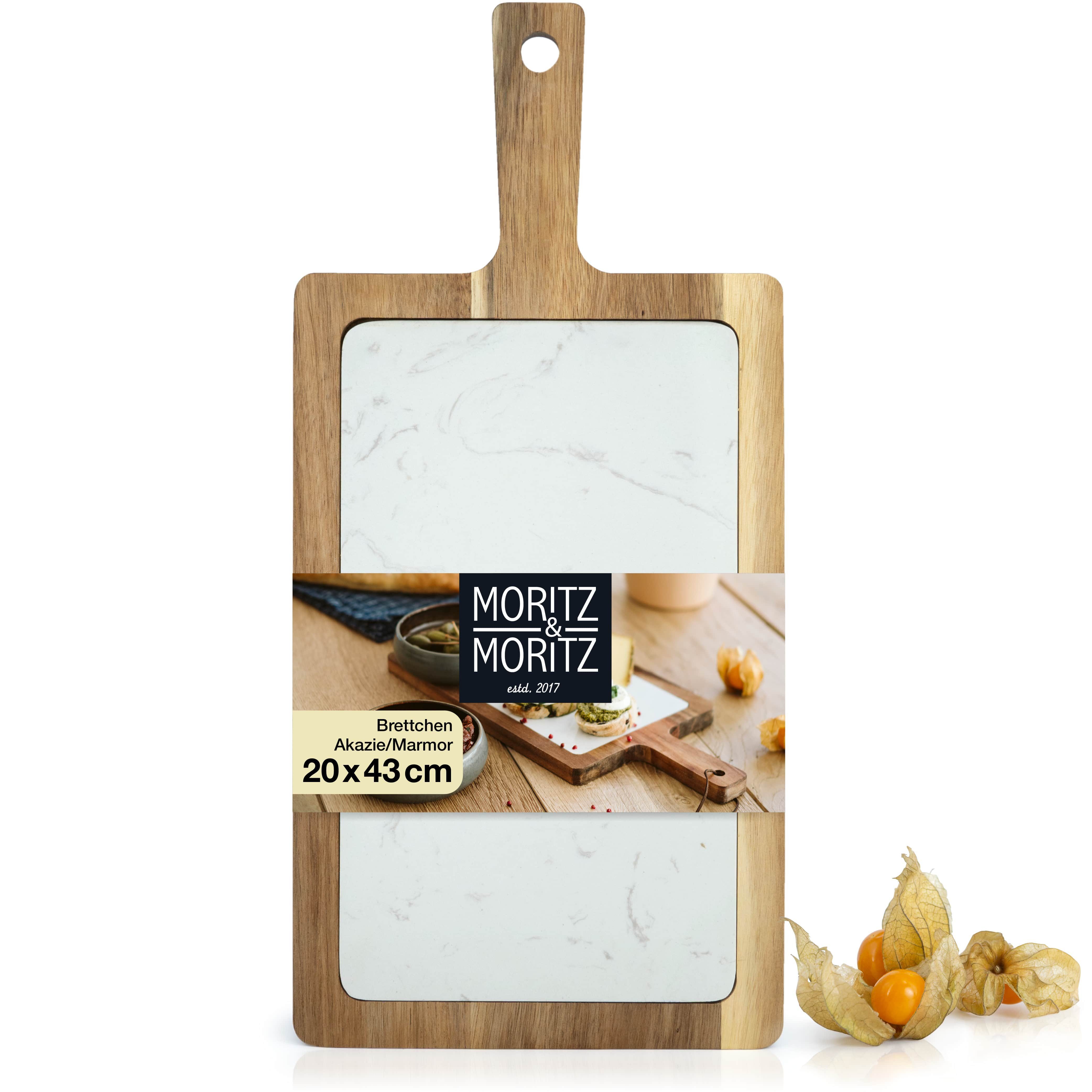 Moritz & Moritz Servierbrett Servierbrett Holz mit Marmor-Platte, Akazienholz/Marmor, (43x20x1,8 cm, 1-St), zum Anrichten und Servieren von Käse, Fisch, Fleisch u.v.m.