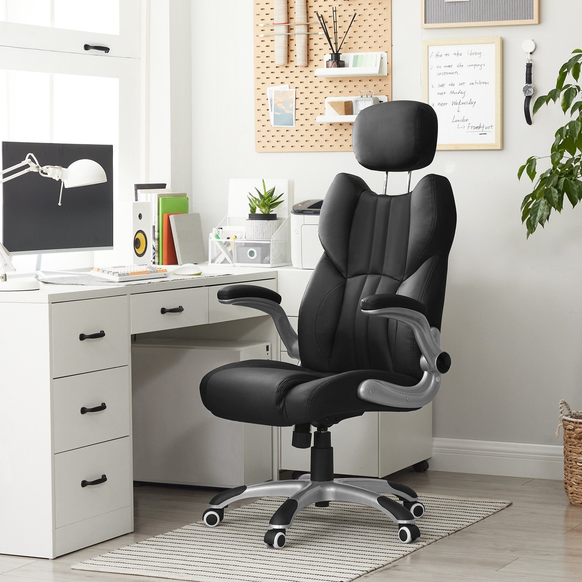 Bürostuhl, SONGMICS automatische Schreibtischstuhl, schwarz Bremsräder Wippfunktion,