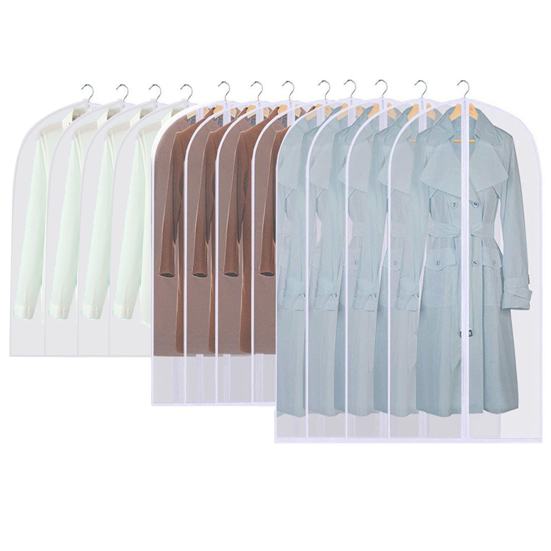 Keyura Kleiderschutzhülle transparente Kleidersäcke 12 St Kleidersäcke faltbar,M/L/XL (Je 4 Stück in M/L/XL,60×80/100/120 cm, 12 St., Halbtransparentes PEVA ist wasserabweisend, staubdicht, atmungsaktiv) Geeignet für kurze Jacken und Anzüge bis hin zu langen Mänteln
