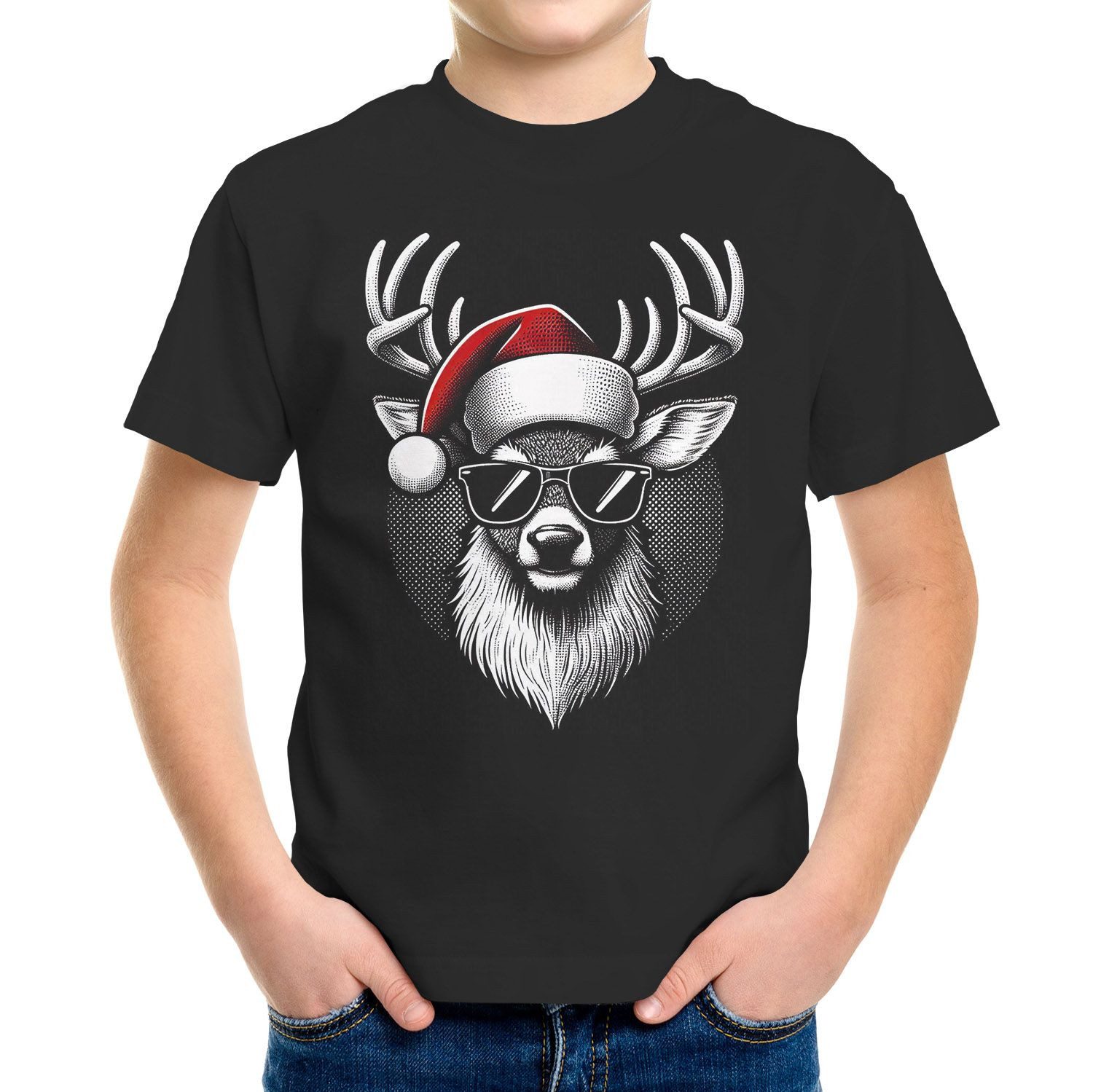 Print-Shirt Kinder T-Shirt Weihnachten Rentier Hirsch mit Sonnenbrille und