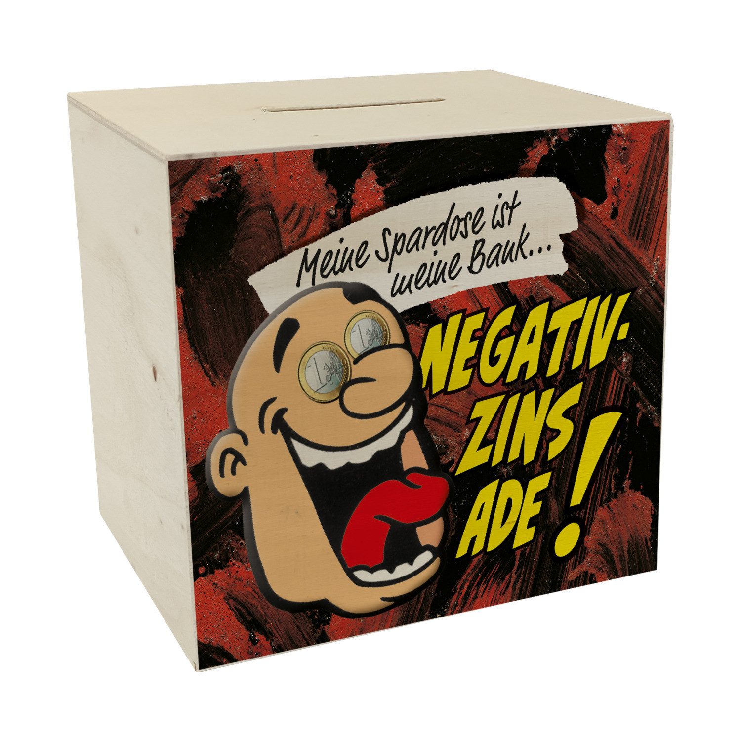Spardose Spardose aus Holz in rot zum Thema Negativzins mit Comic-Motiv