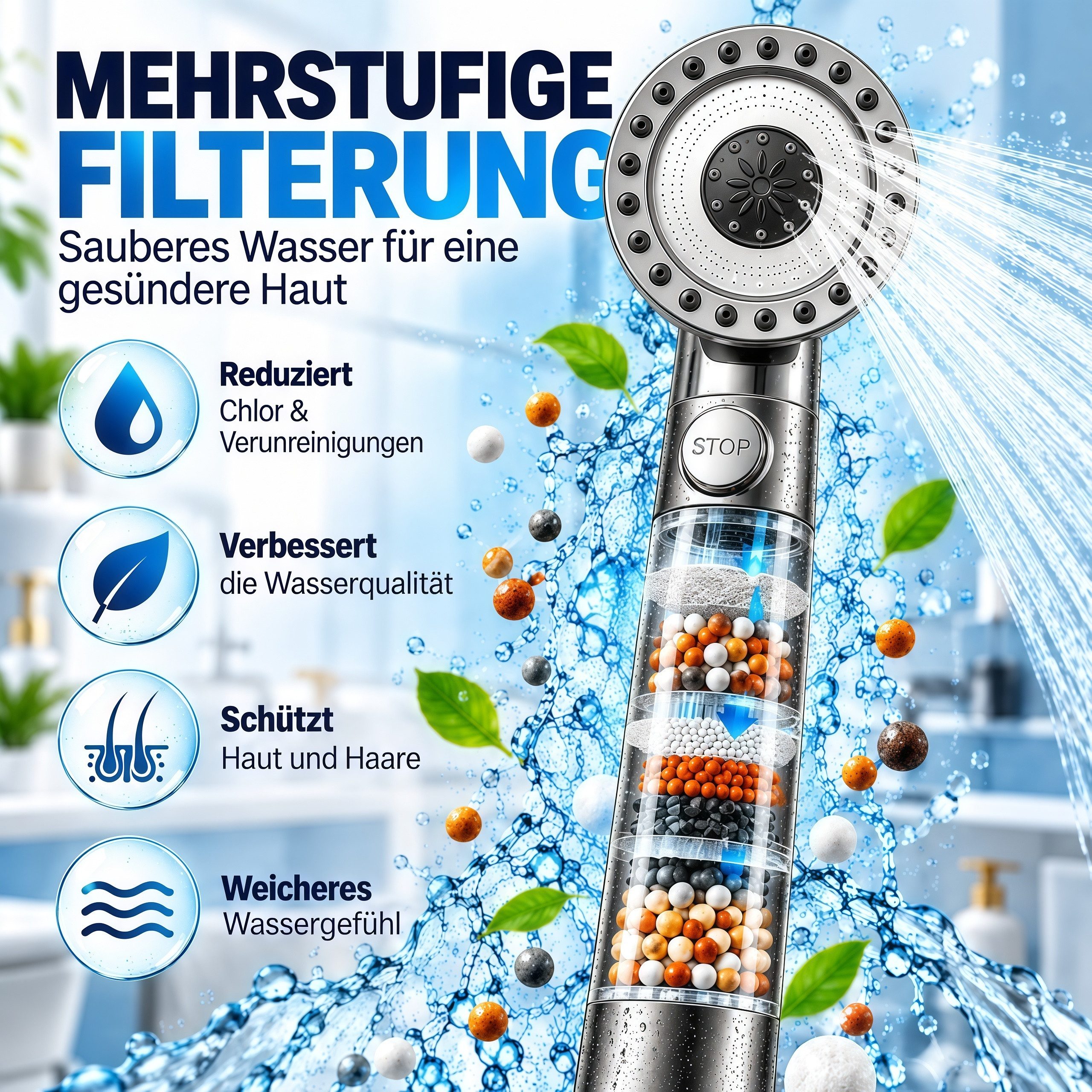 Fyrove Duschbrause Handbrause Duschkopf mit 15-stufigem Filter, (Hochdruck-Wassersparfunktion und Stopp-Taste, Handbrause mit, Anti-Kalk-Düsen zur), Reduzierung – Bild 3 von 5