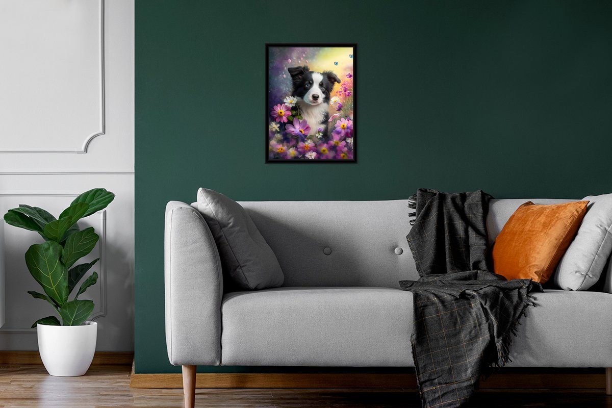 MuchoWow Poster Hund - Blumen - Gerahmtes Collie, Welpe Poster, mit Natur Schwarzem Kunstdruck, Bilderrahmen - St), Border - (1 Rahmen