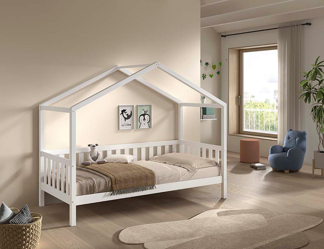 Vipack Hausbett Dallas, Massivholzbett mit Dachaufbau umbaubar vom Boden- zum Daybett (inkl. Rolllattenrost und Sprossenumrandung, 90 oder 140x200 cm breit), stabil und standfest gebaut, wahlweise Kiefer massiv natur oder weiß