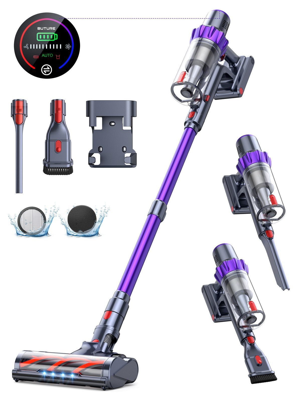Buture Akku-Hand-und Stielstaubsauger 450 W Akku Пылесосы, 48 kPa Saugleistung, 55 Minuten Laufzeit, Intelligenter Touchscreen, Abnehmbarer Akku, 1,5 L Staubbehälter