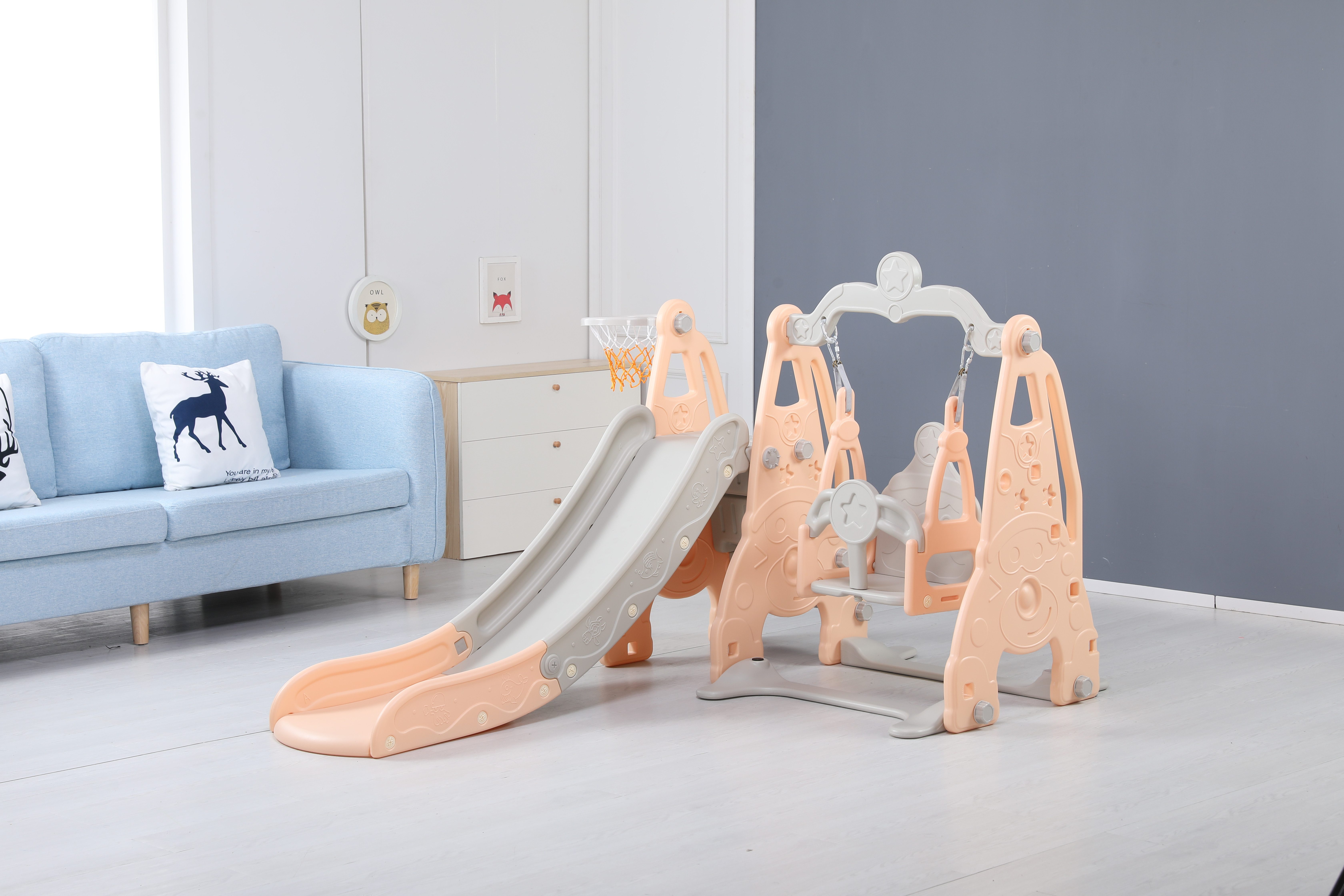 habeig Indoor-Rutsche 4-in-1 Kinder Spielturm Schaukel, Rutsche, Basketball günstig online kaufen