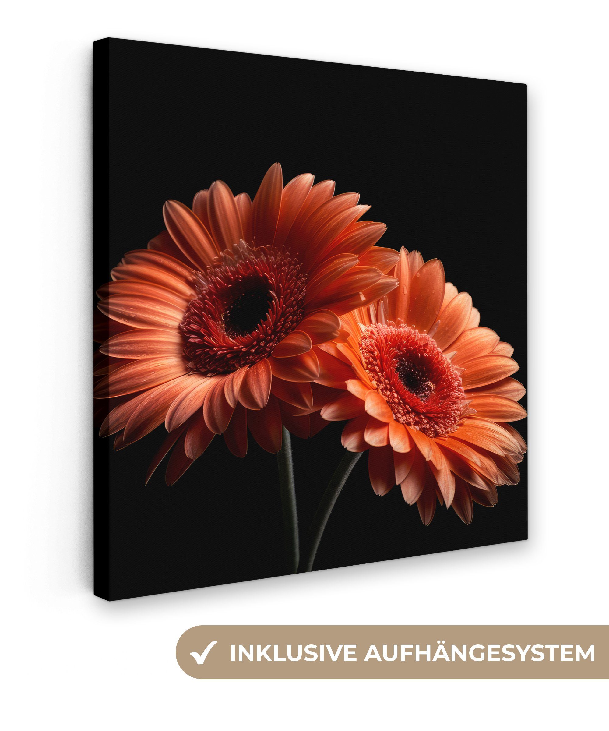 OneMillionCanvasses® Leinwandbild Blumen - Botanisch - Gerbera - Orange - Schwarz, (1 St), Leinwand Bilder für Wohnzimmer Schlafzimmer, 20x20 cm